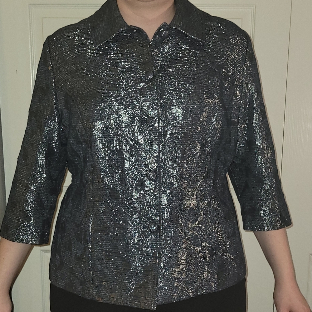 Alfred Dunner woman paisley blue button up blazer with front pockets size 16W